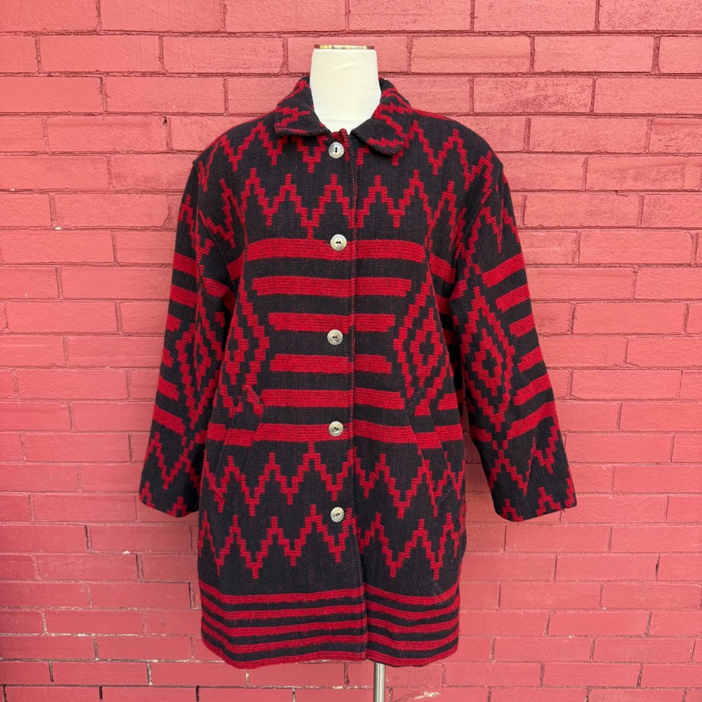 Vintage Woolrich Southwestern Blanket Chore Coat Large Red Black Wool Blend USA
